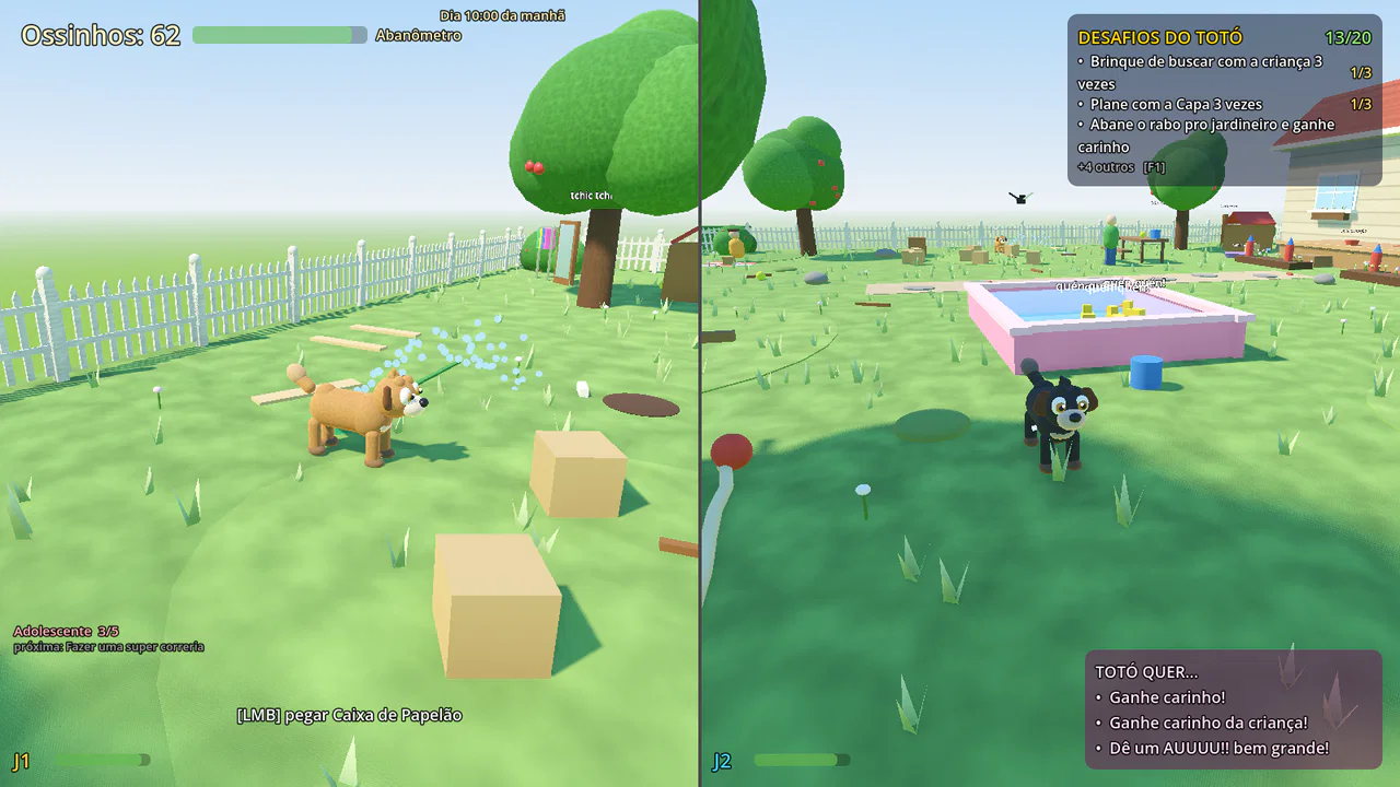 Tela dividida com dois cachorros explorando partes diferentes do quintal