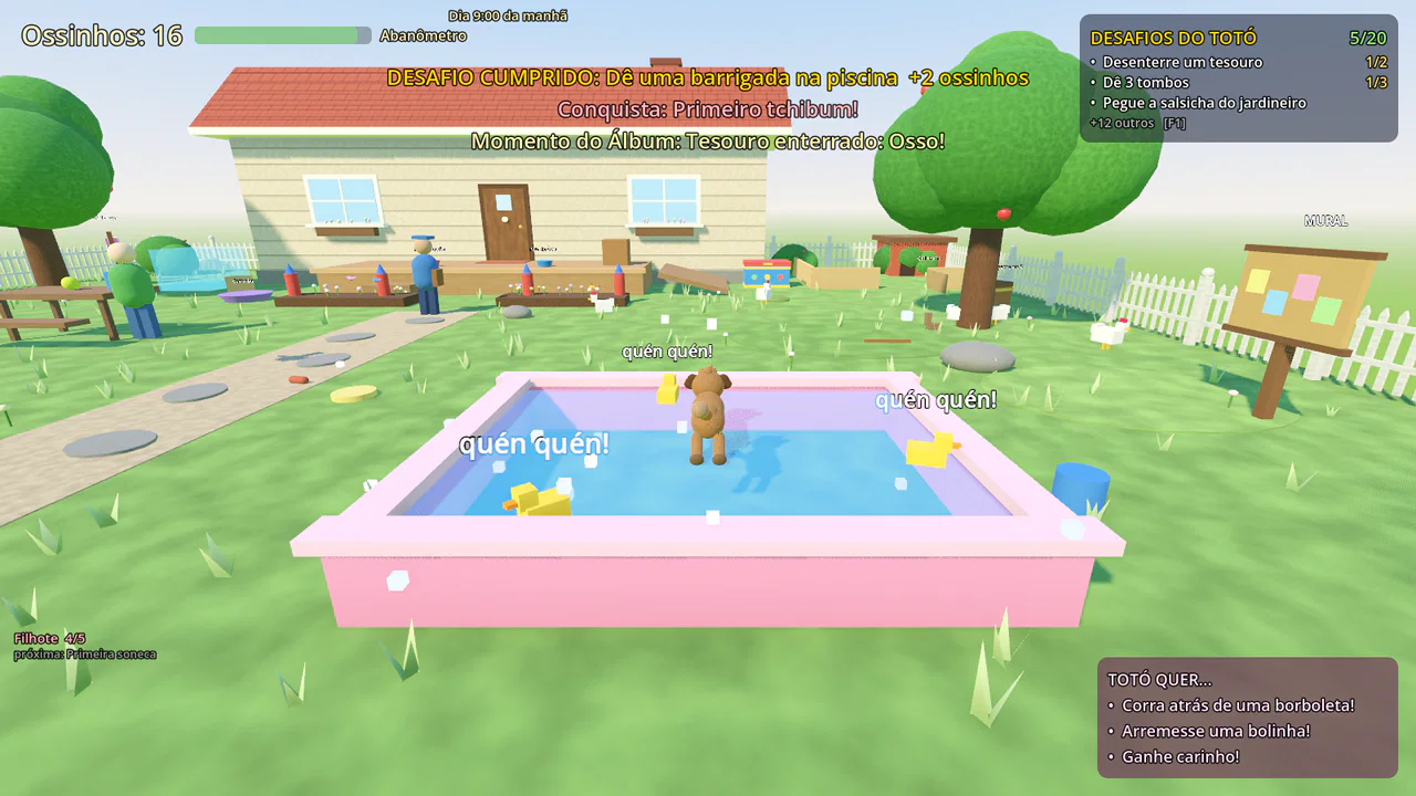 O cachorro espirrando água na piscininha, com patinhos fugindo pras bordas