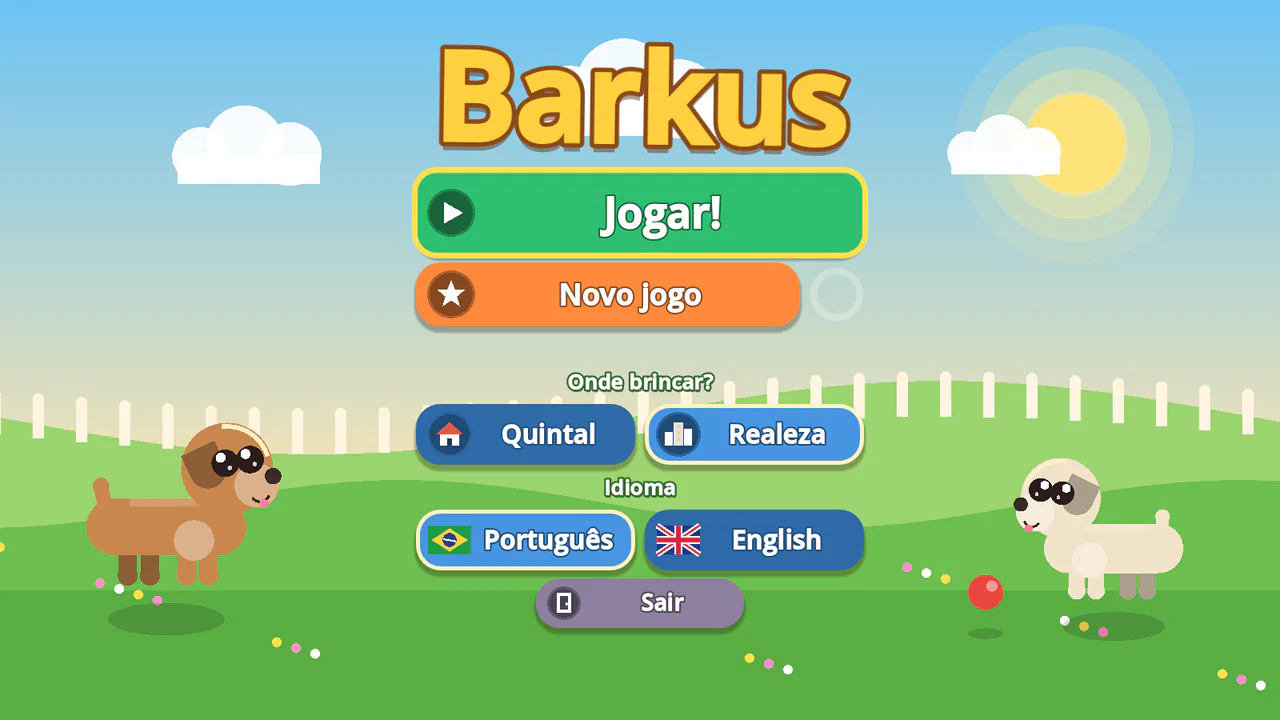 Tela inicial do Barkus: um cachorrinho de desenho na frente do quintal, com os botões Jogar e Novo jogo